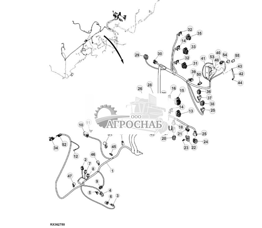Жгут проводов шасси, с системой автоматического управления AutoTrac™ и резервным насосом, 15,0 L, двигатель FT4 (для стран СНГ, Европы, Северной Африки, Ближнего Востока) (24) ( - 801999) - ST862608 237.jpg